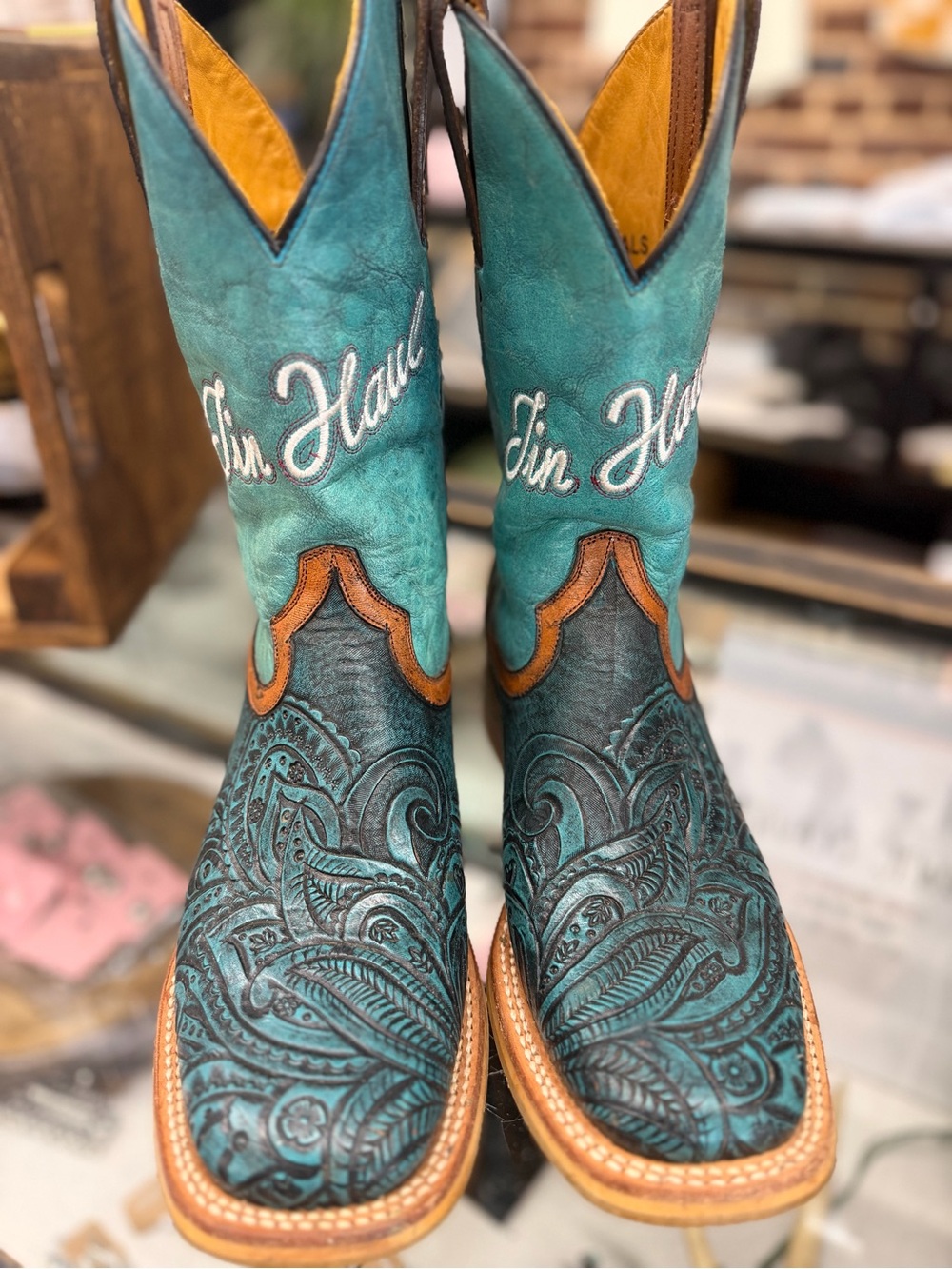 Tin Haul tooled turquoise Leather Cowboy Boots with leather Trim ladies size 7